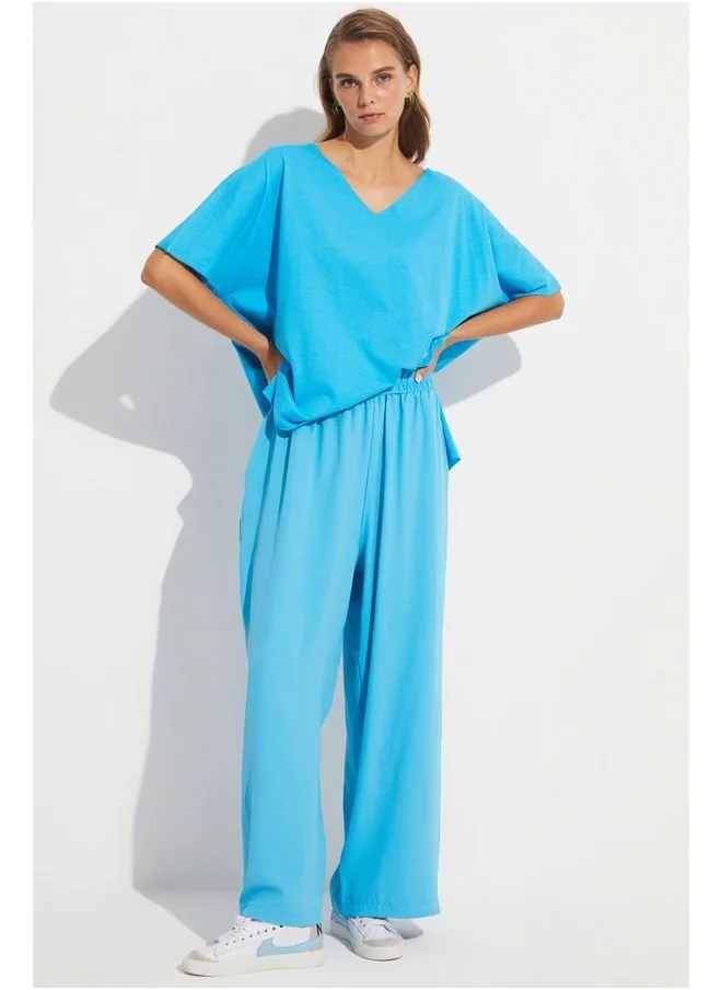 JUNE June Women 100% Viscose Regular Fit V Neck Knitted Tshirt Blue