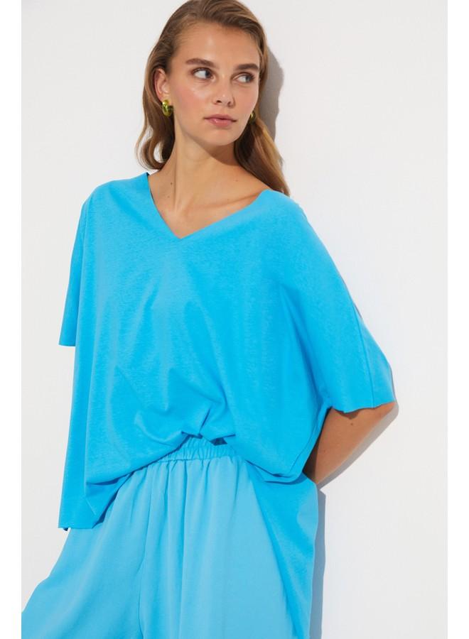 JUNE Women 100% Viscose Regular Fit V Neck Knitted Tshirt Blue - Image 1