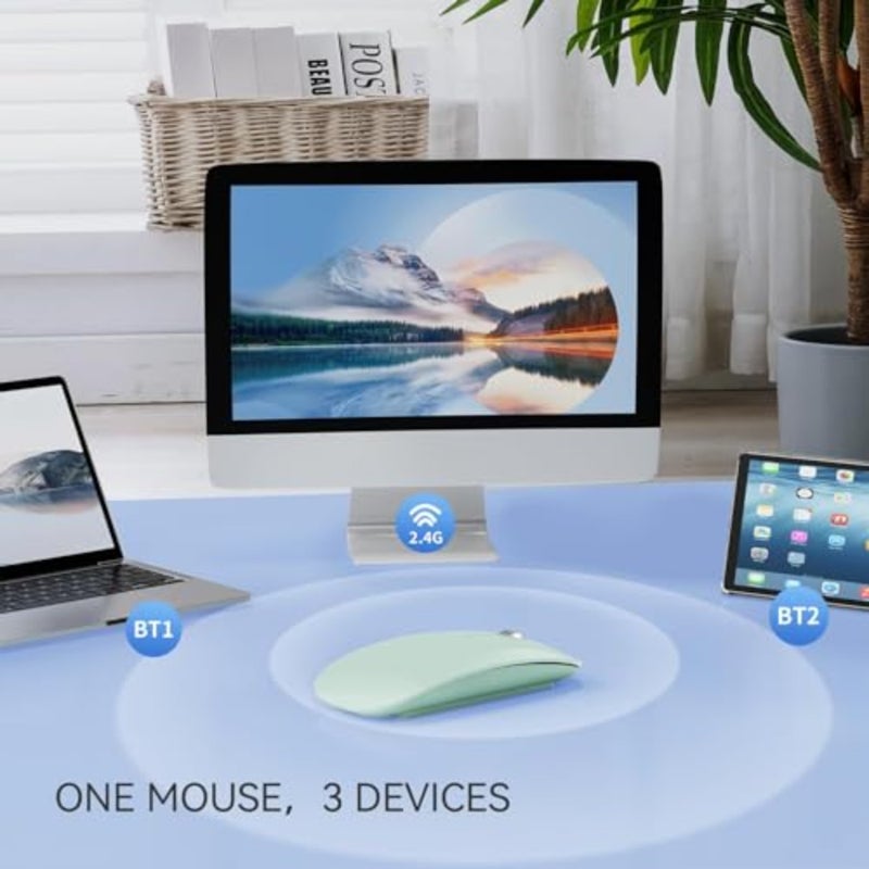 ماوس لاسلكي صامت ثلاثي الوضع لأجهزة الكمبيوتر المحمول iPad PC Mac، بلوتوث 5.1 و2.4 جيجا هرتز قابل لإعادة الشحن مع مستقبل USB، بلاستيك ABS أخضر، نقرة فائقة الهدوء - Image 3