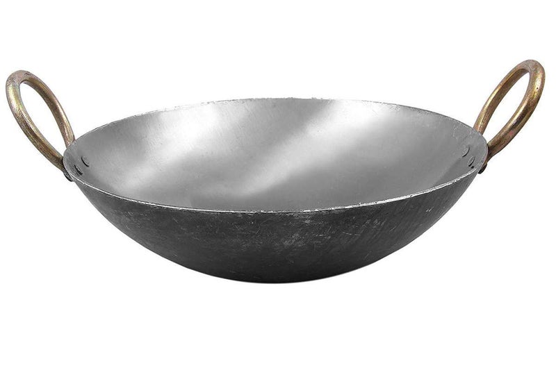 Damurhu Damurhu Iron Deep Kadai Frying Pan Cooking Multipurpose Use Fry Heavy Base Kadhai Handmade with Handle Golden Rings Silver Color Size 18 - Image 5