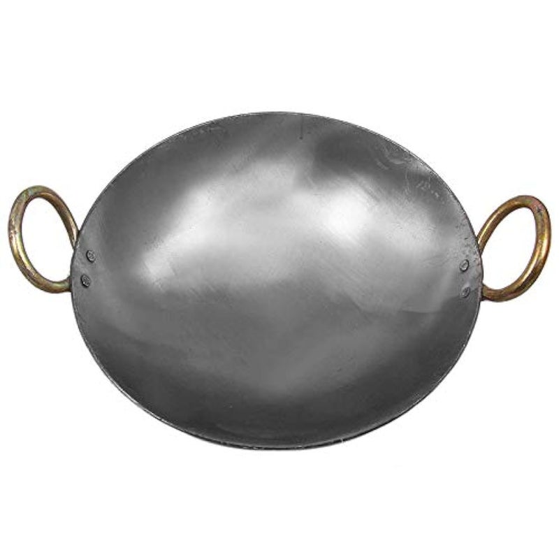 Damurhu Damurhu Iron Deep Kadai Frying Pan Cooking Multipurpose Use Fry Heavy Base Kadhai Handmade with Handle Golden Rings Silver Color Size 18 - Image 1