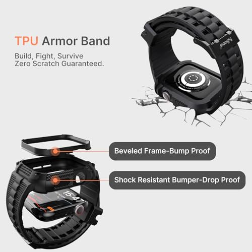 Fullmosa Compatible with Apple Watch Strap 46mm Series 10 11 [NO WATCH], TPU Rugged iWatch Strap Military Grade Shockproof Bumper Case with Screen Protector for Men Women (46mm, Black) - Image 2