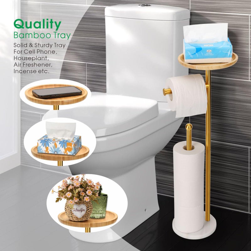 Songtec Standing Toilet Paper Holder Gold with 7.9"" Big Tray  2.2Lbs Heavier Marble Base  Freestanding Paper Holder Stand with Phone Shelf  Holds 5 Paper Rolls (Gold) - Image 4