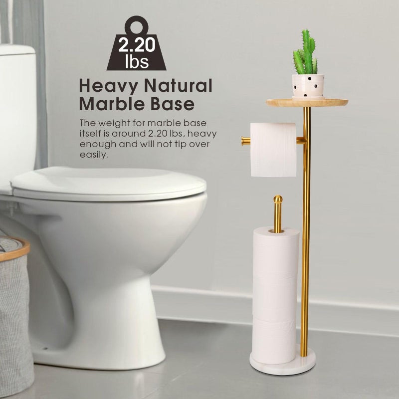 Songtec Standing Toilet Paper Holder Gold with 7.9"" Big Tray  2.2Lbs Heavier Marble Base  Freestanding Paper Holder Stand with Phone Shelf  Holds 5 Paper Rolls (Gold) - Image 2