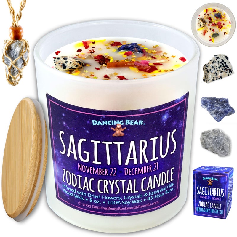DANCING BEAR Sagittarius Zodiac Candle Gift Box Set with 3 Healing Crystals  Stone Holder Necklace 100 Soy Scented Wax Crackling Wood Wick 45 Hour Burn Time