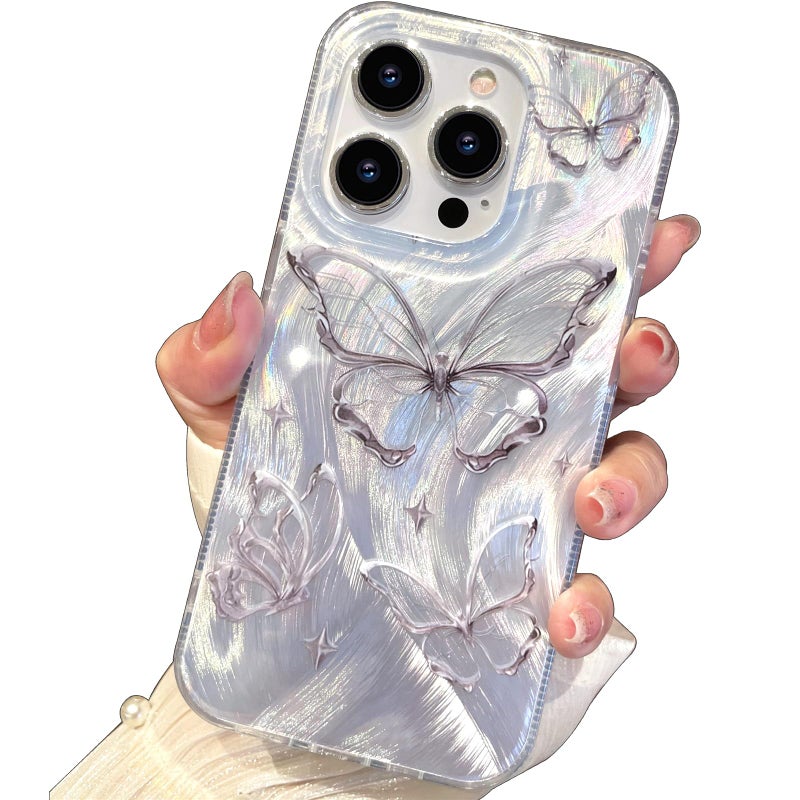 I-MGAE-IN-AR Compact Case for iPhone 14 Pro Max Shiny Silver Butterfly Design,Cute Trendy Soft Slim TPU Shockproof Protective Phone Cases Cover for Women Girls Aesthetic Glitter - Image 1
