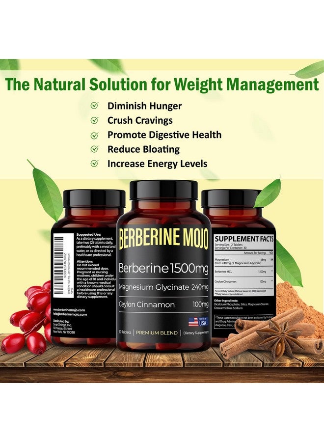 بيربرين موجو - مكمل بيربرين 1500 ملغ مع مغنيسيوم جليسينات 240 ملغ وقرفة سيلون 100 ملغ - إدارة الوزن الطبيعية، صحة الأمعاء، قوة عالية وامتصاص، صنع في الولايات المتحدة - 60 قرص - Image 3