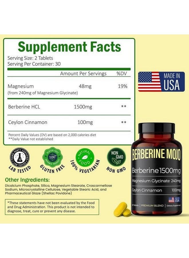 بيربرين موجو - مكمل بيربرين 1500 ملغ مع مغنيسيوم جليسينات 240 ملغ وقرفة سيلون 100 ملغ - إدارة الوزن الطبيعية، صحة الأمعاء، قوة عالية وامتصاص، صنع في الولايات المتحدة - 60 قرص - Image 2