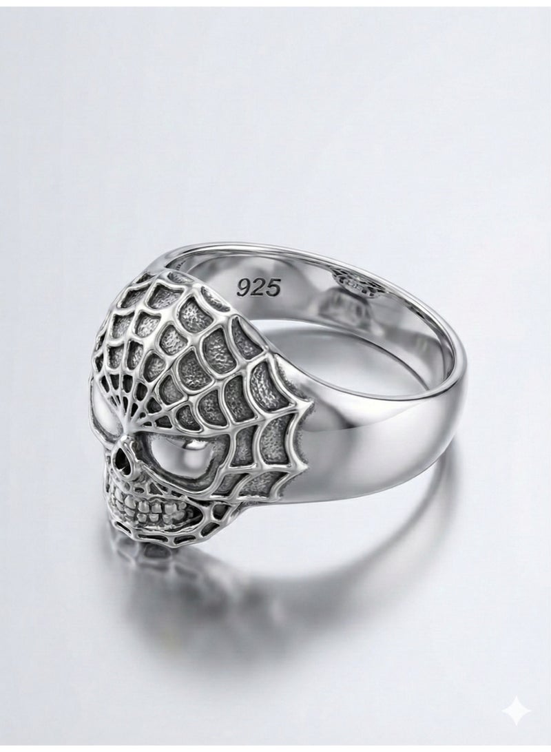 Fine Silver 925 Sterling Silver Men's Gothic Skull Ring - Punk Rock Spider Web Design - Image 1