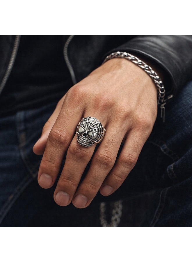 Fine Silver 925 Sterling Silver Men's Gothic Skull Ring - Punk Rock Spider Web Design - Image 2