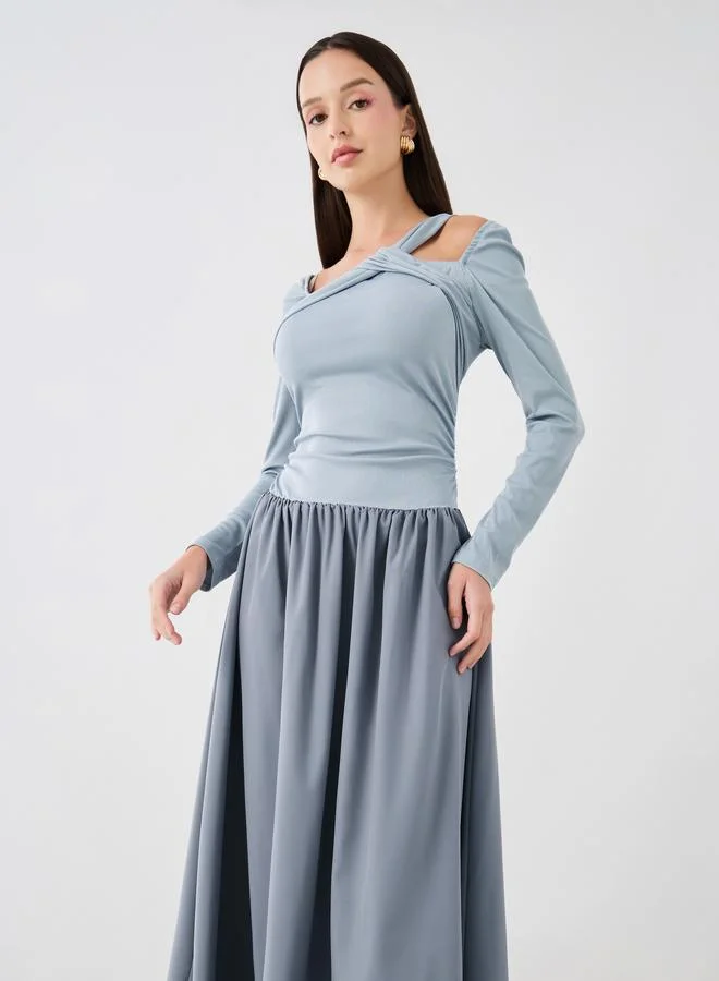 Take Two Take Two Textured Asymmetric Neck Long Sleeve Midi Dress