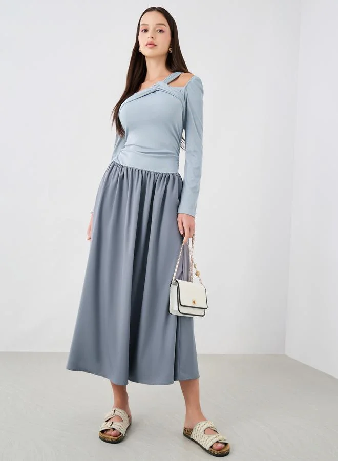 Take Two Take Two Textured Asymmetric Neck Long Sleeve Midi Dress