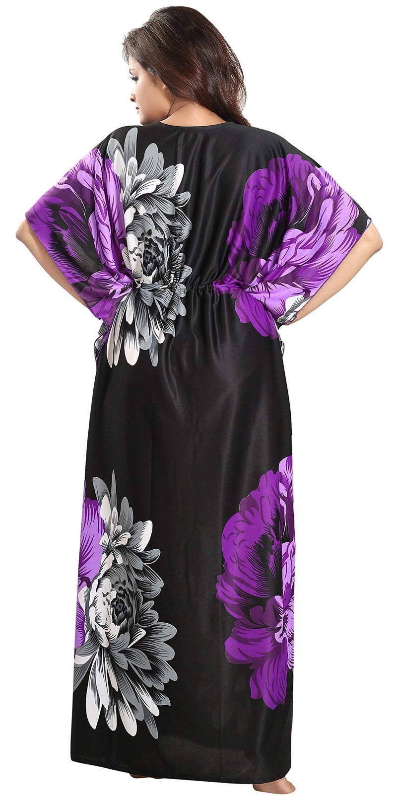 Noty Store Noty Women's Kaftan Nighty | Serena Fabric | Floral Print Maxi | Short Sleeves | V Shaped Neck (Free Size, Purple & Black) - Image 4