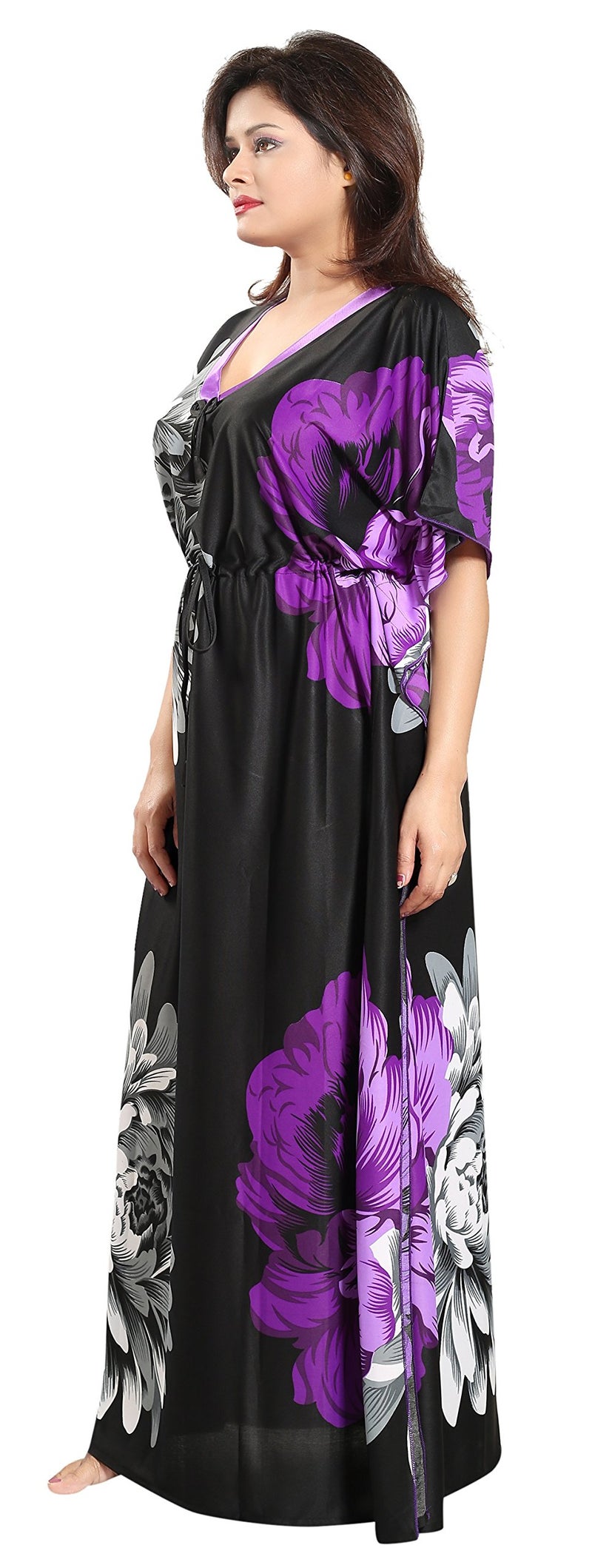 Noty Store Noty Women's Kaftan Nighty | Serena Fabric | Floral Print Maxi | Short Sleeves | V Shaped Neck (Free Size, Purple & Black) - Image 2