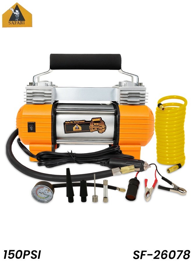 سفاري ضاغط هواء أوتوماتيكي SAFARI 150 PSI - مضخة محمولة بتيار مستمر 12 فولت - 13.5 فولت مزودة بإضاءة LED، و4 محولات فوهات، ومقياس ضغط، ومشبك بطارية، للاستخدام في السيارات والدراجات النارية وسيارات الدفع الرباعي والطوارئ - طراز SF-26078 - Image 1