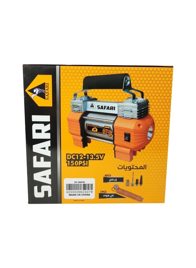 سفاري ضاغط هواء أوتوماتيكي SAFARI 150 PSI - مضخة محمولة بتيار مستمر 12 فولت - 13.5 فولت مزودة بإضاءة LED، و4 محولات فوهات، ومقياس ضغط، ومشبك بطارية، للاستخدام في السيارات والدراجات النارية وسيارات الدفع الرباعي والطوارئ - طراز SF-26078 - Image 2