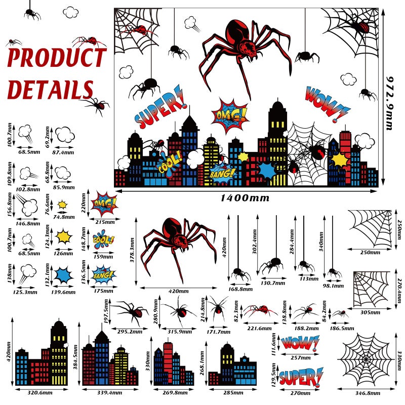 Gilprop Spider Theme Wall Stickers Spiderweb Wall Decal Colorful City Skyline Decor Pack Cool Comics Style Peel and Stick Home Art for Rooms Bedrooms Nursery Party - Image 3