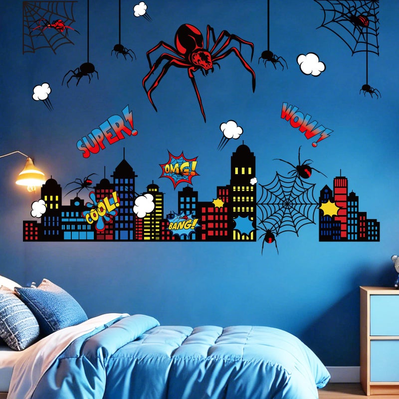 Gilprop Spider Theme Wall Stickers Spiderweb Wall Decal Colorful City Skyline Decor Pack Cool Comics Style Peel and Stick Home Art for Rooms Bedrooms Nursery Party - Image 2