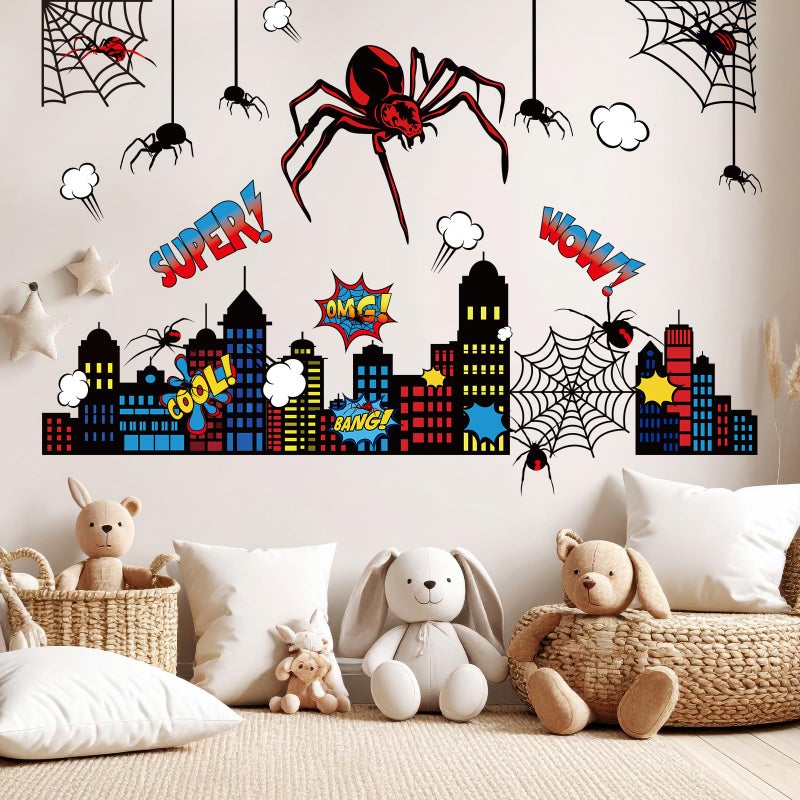 Gilprop Spider Theme Wall Stickers Spiderweb Wall Decal Colorful City Skyline Decor Pack Cool Comics Style Peel and Stick Home Art for Rooms Bedrooms Nursery Party - Image 1