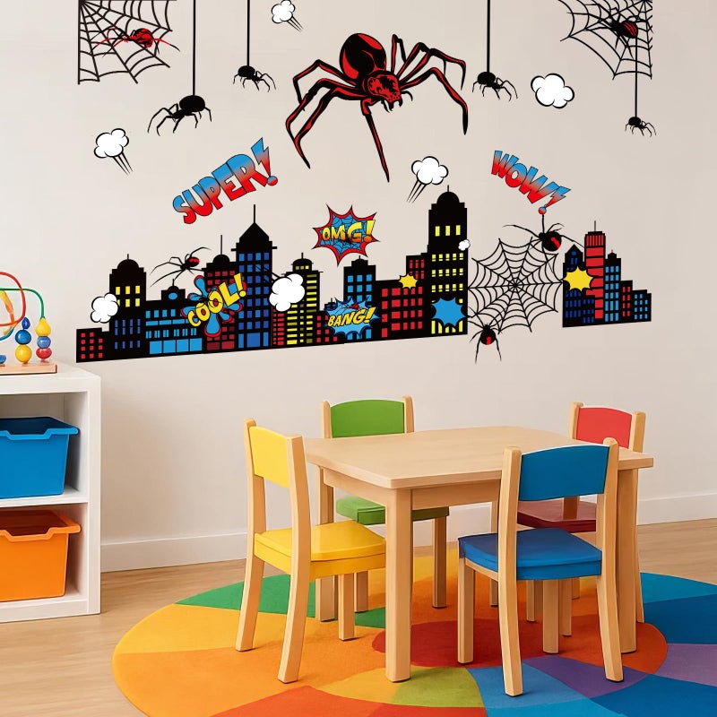 Gilprop Spider Theme Wall Stickers Spiderweb Wall Decal Colorful City Skyline Decor Pack Cool Comics Style Peel and Stick Home Art for Rooms Bedrooms Nursery Party - Image 4