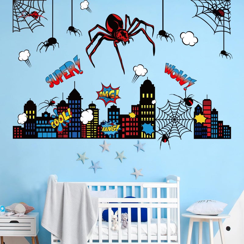 Gilprop Spider Theme Wall Stickers Spiderweb Wall Decal Colorful City Skyline Decor Pack Cool Comics Style Peel and Stick Home Art for Rooms Bedrooms Nursery Party - Image 5
