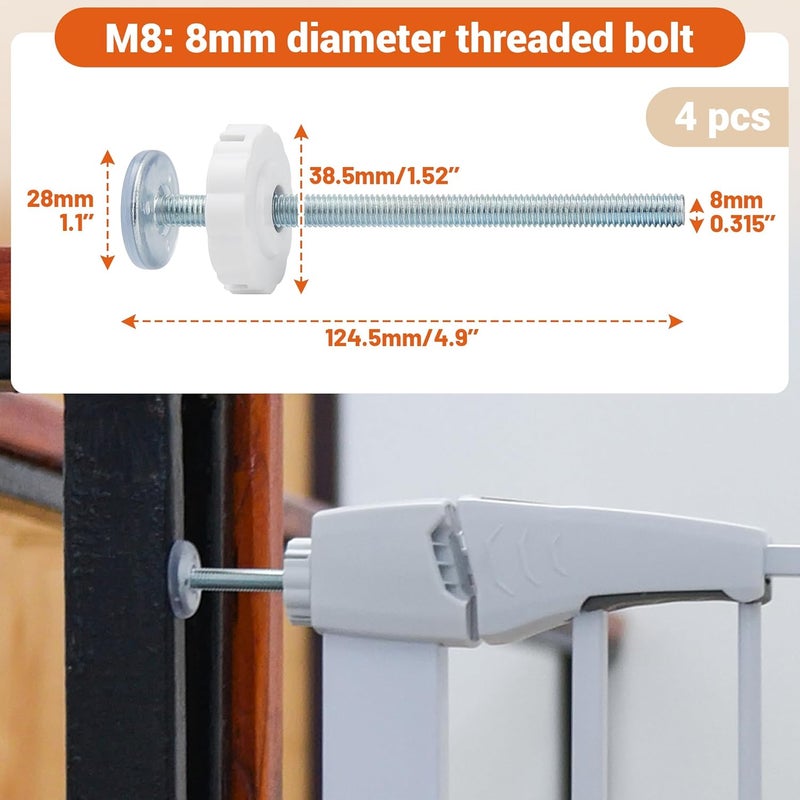 Amviner Baby Gates Pet Gates Spindle Rods 8mmM8 Replacements Parts to The Screws for Baby Gate Dog Gate Door or Stair Gate Wall Protector Threaded Screw Bolts Hardware Kit White 4 Pack - Image 3