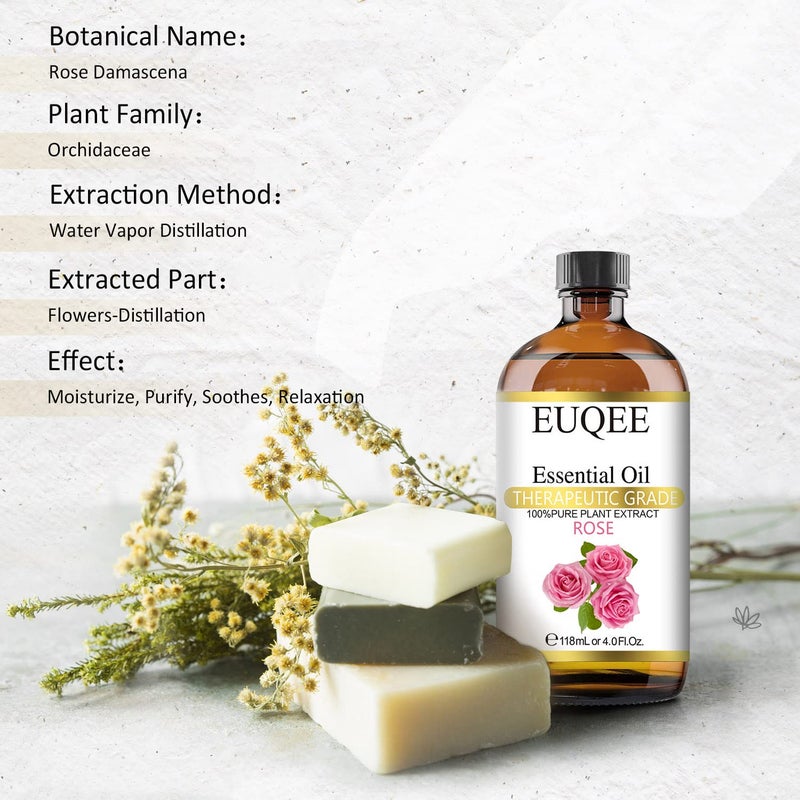 EUQEE Rose Essential Oil 118mL Large Capacity Rose Oil Premium Essential Oil with Glass Dropper for Diffuser, Soap & Candle Making, Aromatherapy - 4Fl. Oz - Image 2