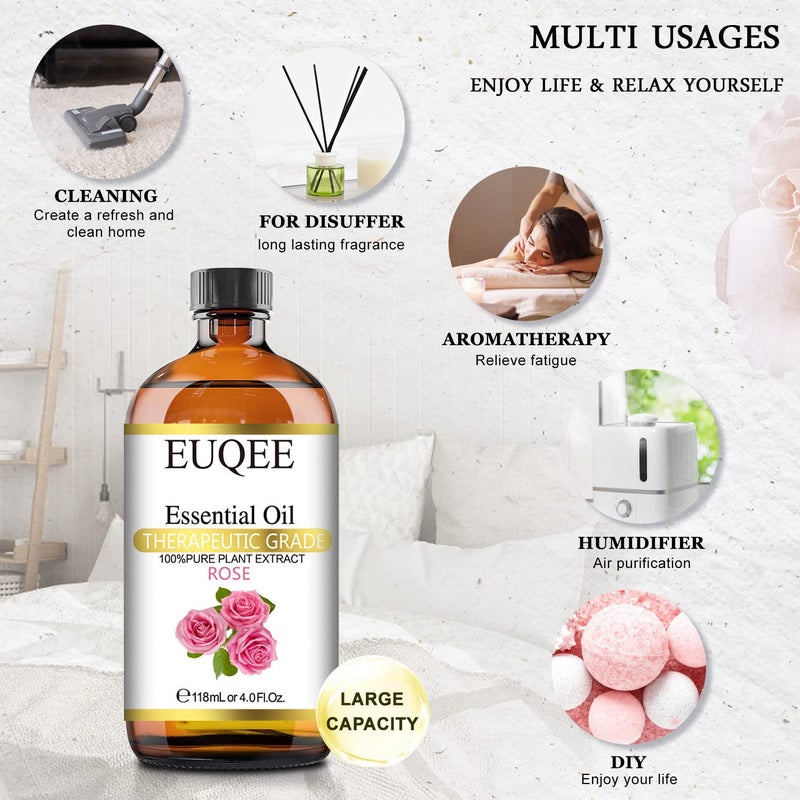 EUQEE Rose Essential Oil 118mL Large Capacity Rose Oil Premium Essential Oil with Glass Dropper for Diffuser, Soap & Candle Making, Aromatherapy - 4Fl. Oz - Image 4