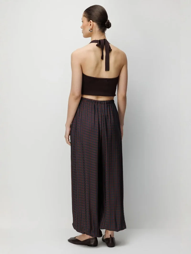 MixRay Coffee Brown MIXRAY Wide Leg Plaid Salwar Pants with Drawstring Waist for Women | Best Price UAE