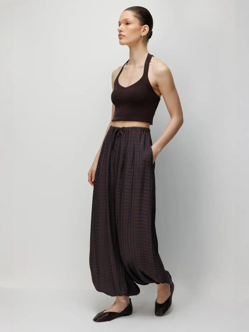 MixRay Coffee Brown MIXRAY Wide Leg Plaid Salwar Pants with Drawstring Waist for Women | Best Price UAE