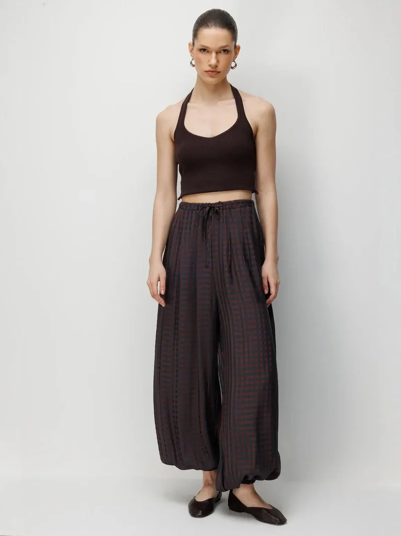 ميكسراي MIXRAY Wide Leg Plaid Salwar Pants with Drawstring Waist