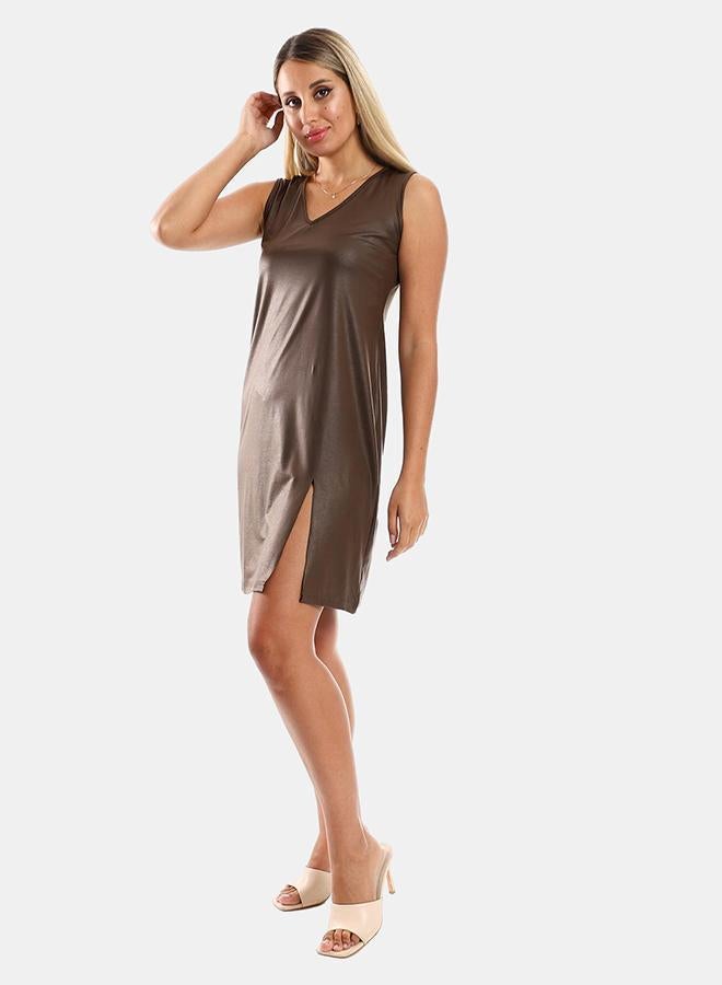 kady Jamila Women V Neck Solid Pattern Short Dress ,brown-XXL - Image 2