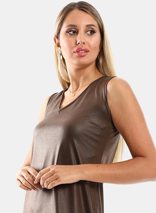kady Jamila Women V Neck Solid Pattern Short Dress ,brown-XXL - Image 4