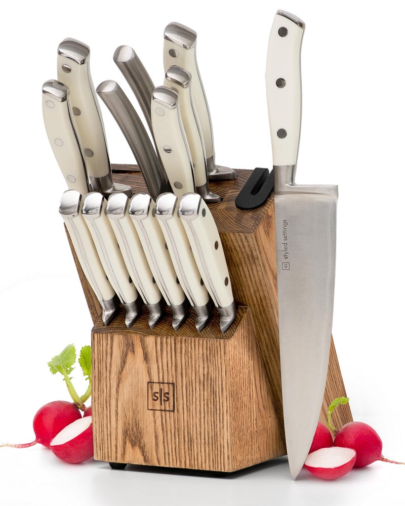 White Knife Set with Block  14Piece Forged Stainless Steel Knives with Triple Rivet Handles HeavyDuty Kitchen Shears and SelfSharpening Knife Block  Durable White Kitchen Accessories