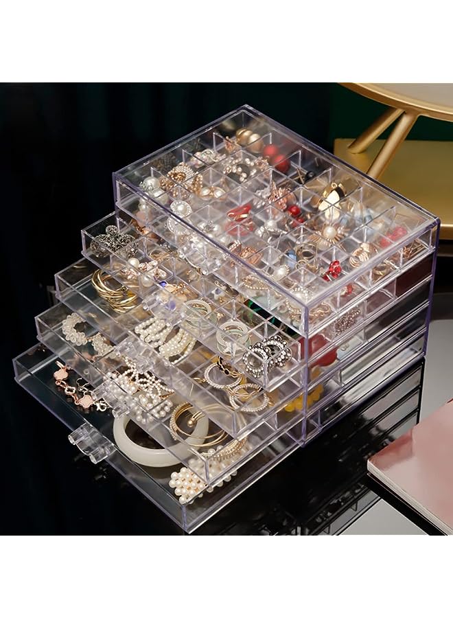 Antole Acrylic Jewelry Box Earring Storage Box with 5 Drawers Clear Acrylic Jewelry Box for Women,Stackable Velvet Earring Display Case Earrings with 120 Small Compartments Boxes - Image 1