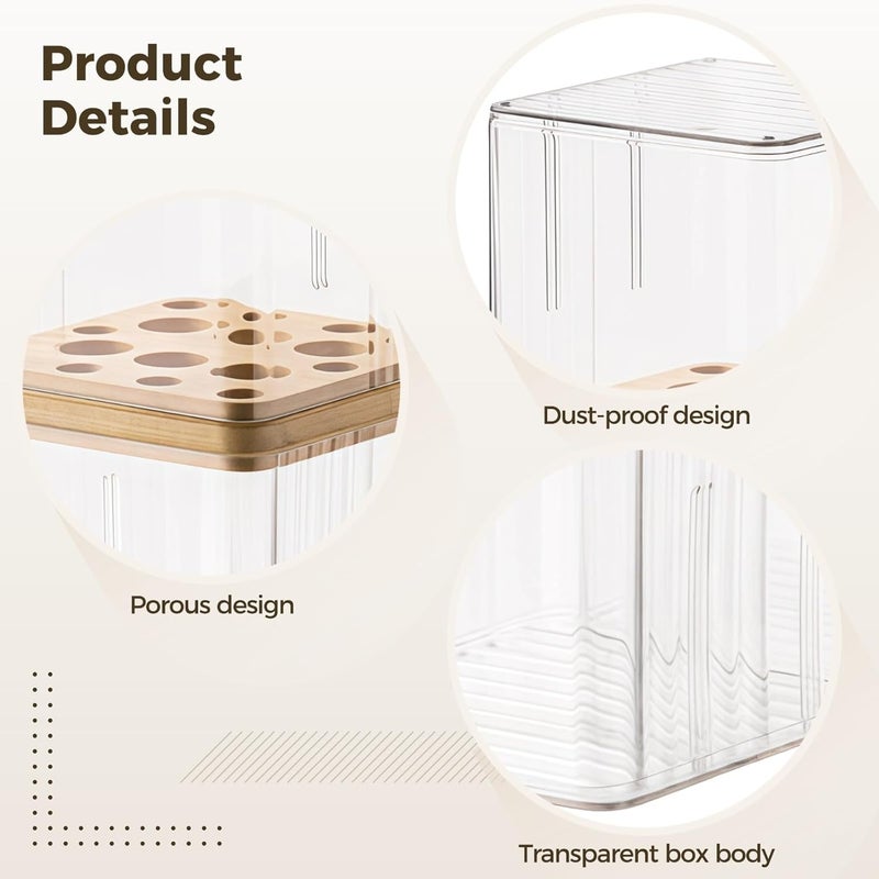 Clear Makeup Brush Organizer with Cover, Dustproof Cosmetic Brush Storage Box, Plastic Makeup Brush Holder, 4.1 X 4.1 X 7.5 in, Wood Dividers - Image 5