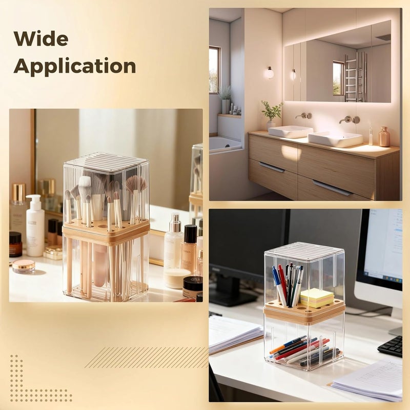 Clear Makeup Brush Organizer with Cover, Dustproof Cosmetic Brush Storage Box, Plastic Makeup Brush Holder, 4.1 X 4.1 X 7.5 in, Wood Dividers - Image 4