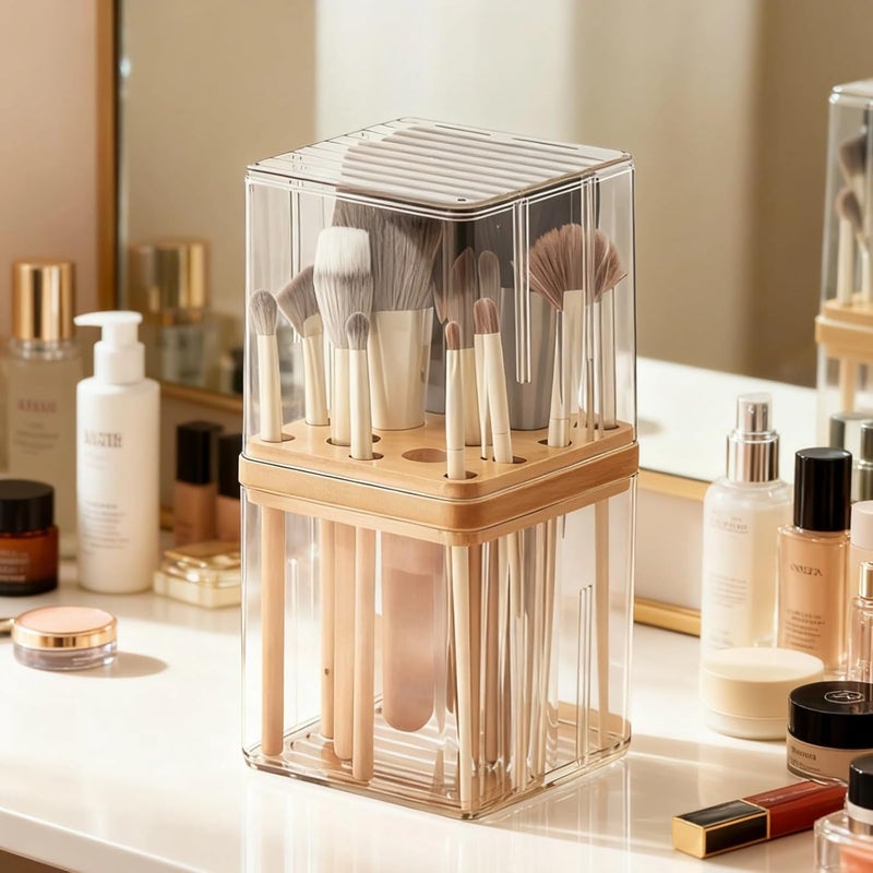 Clear Makeup Brush Organizer with Cover, Dustproof Cosmetic Brush Storage Box, Plastic Makeup Brush Holder, 4.1 X 4.1 X 7.5 in, Wood Dividers - Image 3