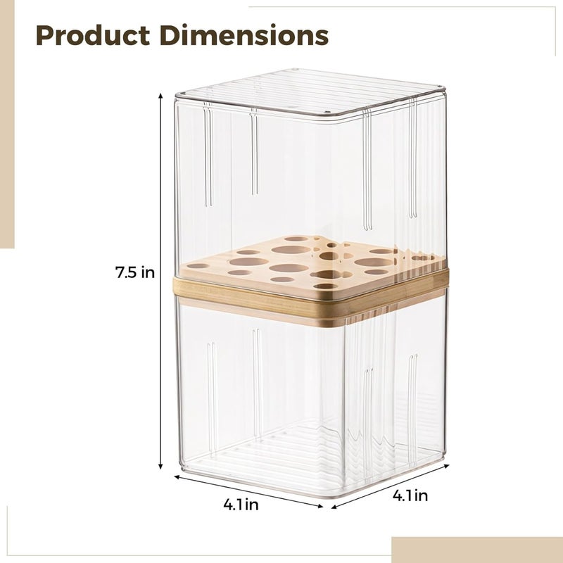 Clear Makeup Brush Organizer with Cover, Dustproof Cosmetic Brush Storage Box, Plastic Makeup Brush Holder, 4.1 X 4.1 X 7.5 in, Wood Dividers - Image 2