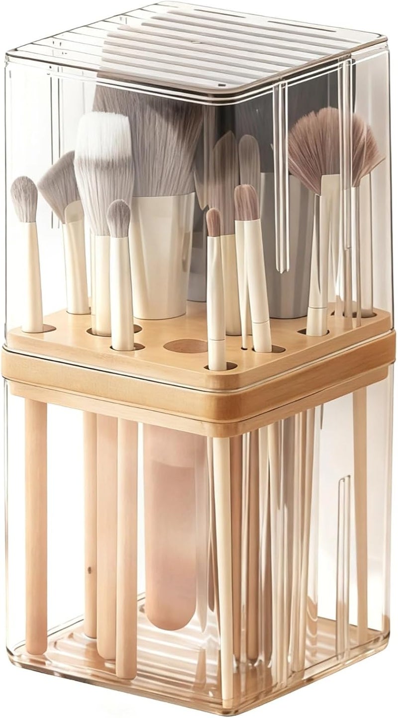 Clear Makeup Brush Organizer with Cover, Dustproof Cosmetic Brush Storage Box, Plastic Makeup Brush Holder, 4.1 X 4.1 X 7.5 in, Wood Dividers - Image 1