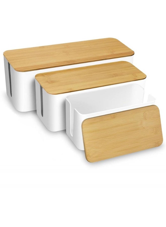 Cable Management Box With Bamboo Lid Set Of 3 Cable Management Set Large u0026 Medium u0026 Small Wooden Grain Cable Organizer Box Side Grooving High Utility  - Image 1