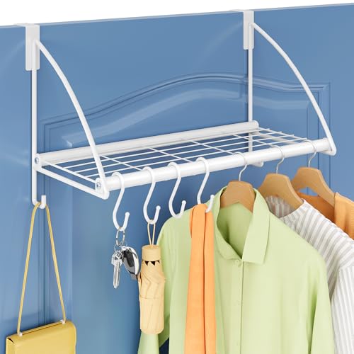 Tajsoon Over The Door Hanger with Storage Rack and 6 Hooks, Over The Door Clothes Rack for Hanging Coat, Over Door Clothes Hanger for Bathroom, Bedroom, Living Room, White - Image 1