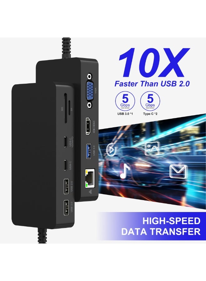 Rocketek 11-in-1 Docking Station Hub – Rocketek USB-C PD 100W Hub with Dual HDMI, RJ45 Ethernet (10/100Mbps), SD/TF Card Reader, 3x USB3.0 Ports, Plug & Play Surface Dock - Image 2