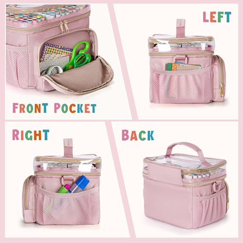 Rexmica Marker Organizer Case for 100 Markers, Marker Storage Organizer Bag with Divider and Shoulder Strap, Marker Travel Carrying Case with 3 Pockets, Pink (Patented Design) - Image 3