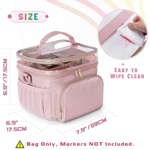 Rexmica Marker Organizer Case for 100 Markers, Marker Storage Organizer Bag with Divider and Shoulder Strap, Marker Travel Carrying Case with 3 Pockets, Pink (Patented Design) - Image 4