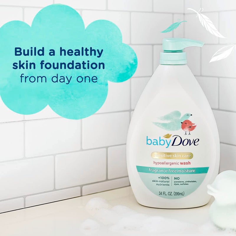 بيبي دوف Sensitive Skin Care Baby Wash Fragrance Free Moisture For Baby Bath Time Fragrance Free and Hypoallergenic, Washes Away Bacteria 34 oz (Pack of 1) - Image 2