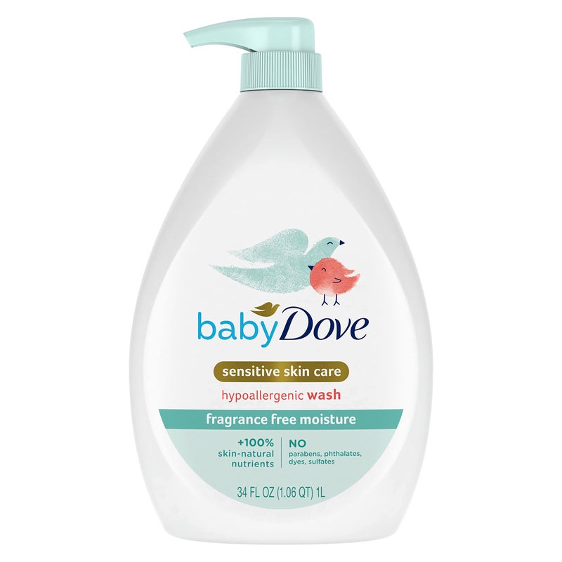 بيبي دوف Sensitive Skin Care Baby Wash Fragrance Free Moisture For Baby Bath Time Fragrance Free and Hypoallergenic, Washes Away Bacteria 34 oz (Pack of 1) - Image 1