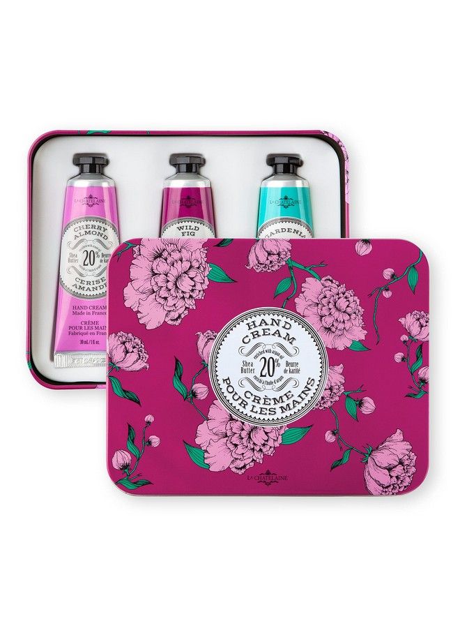 La Chatelaine Hand Cream Trio Tin Gift Set Valentines Day Gift For Her Plantbased Made In France With 20% Organic Shea Butter & Argan Oil 3 X 1 Fl Oz (Cherry Almond Wild Fig & Gardenia) - Image 2
