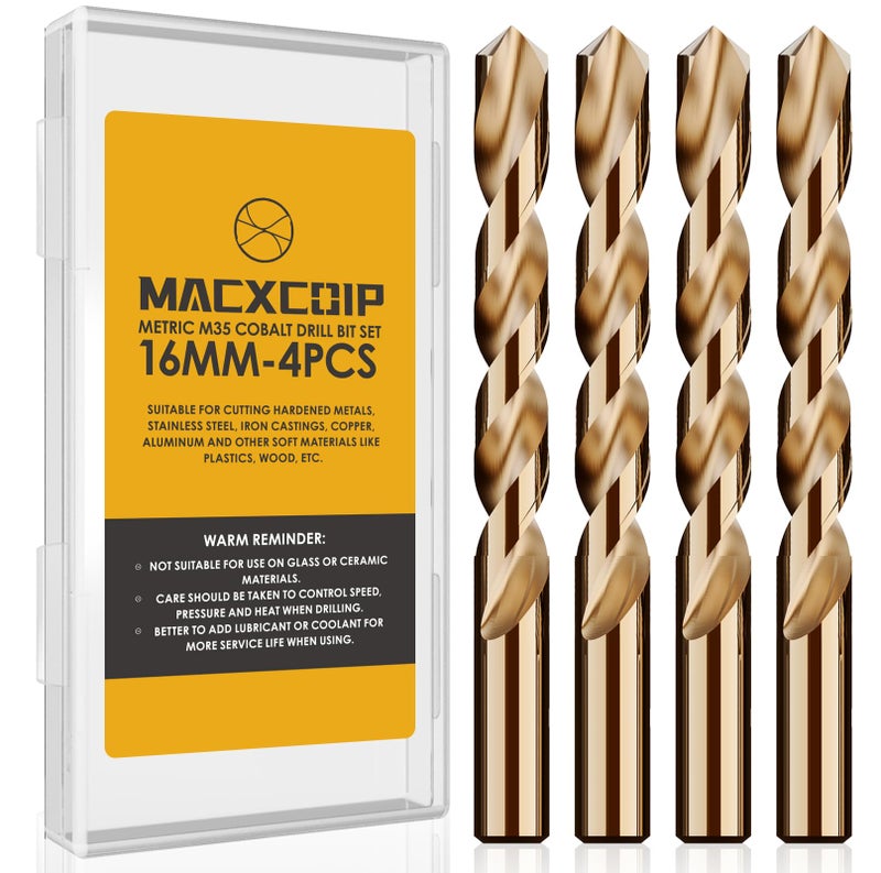 Macxcoip Metric 4Pcs M35 Cobalt Drill Bit Set  16Mm Hss Cobalt Jobber Drill Bits  For Hardened Metals  Stainless Steel  Cast Iron And Wooden Plastics - Image 1