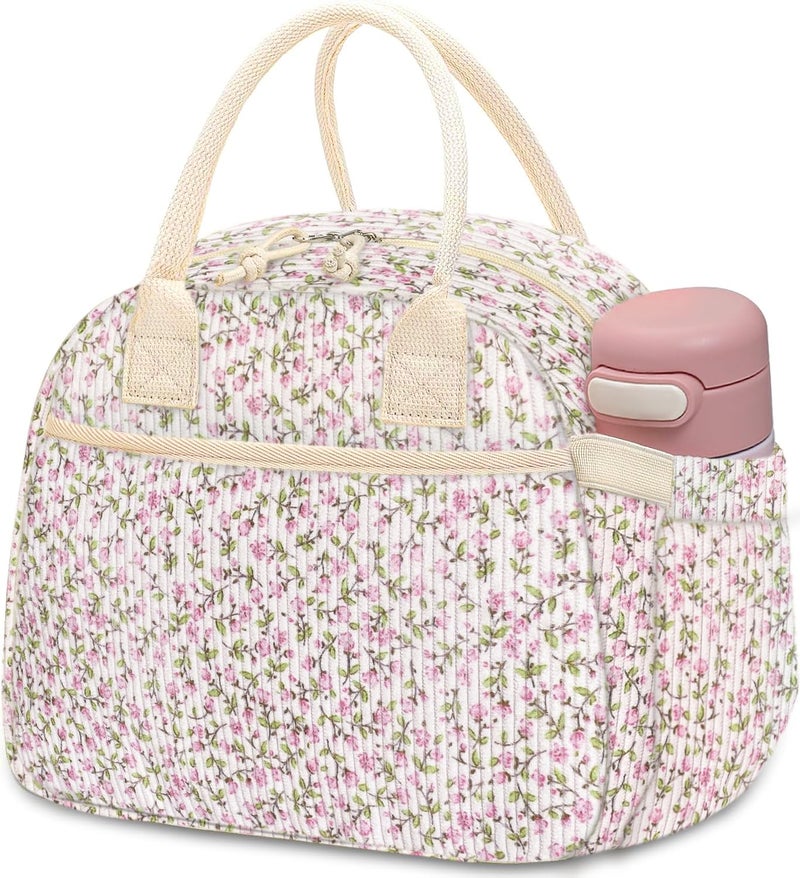 Carry bloom Lunch Box for Women, Insulated Lunch Bag Cute Corduroy Lunchbag Reusable Lunchbox for Work (flower corduroy pink) - Image 1